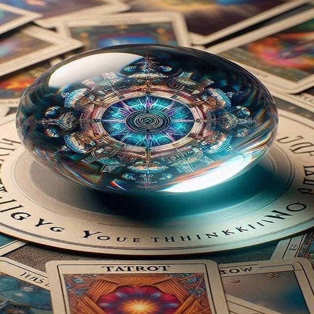 Bola decorativa sobre una composición de cartas de tarot