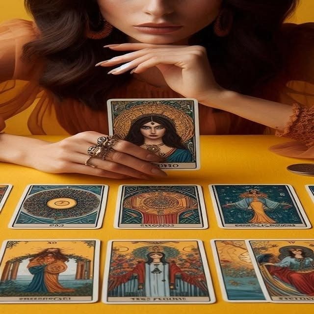 Persona sosteniendo una carta ante una tirada de tarot
